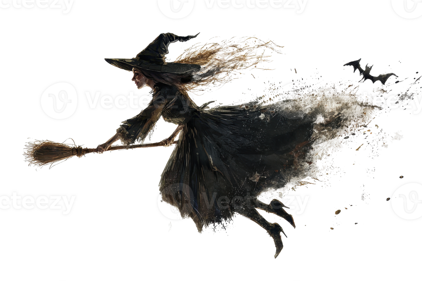 Artistic depiction of a witch flying on a broomstick, with magical effects creating an ethereal trail, perfect for Halloween themes. png
