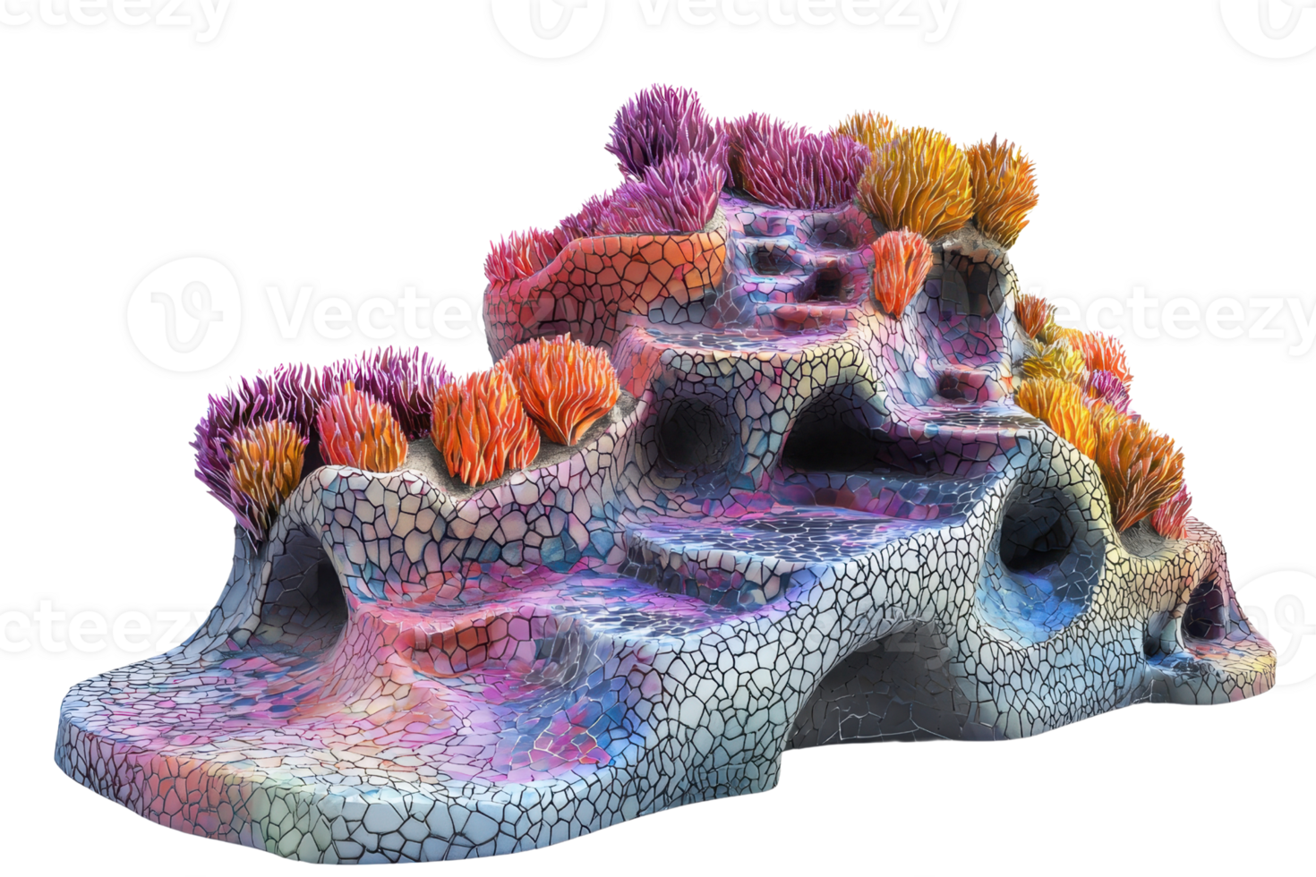 Colorful coral reef-like structure with vibrant artificial marine elements, creating an underwater-inspired art piece. png