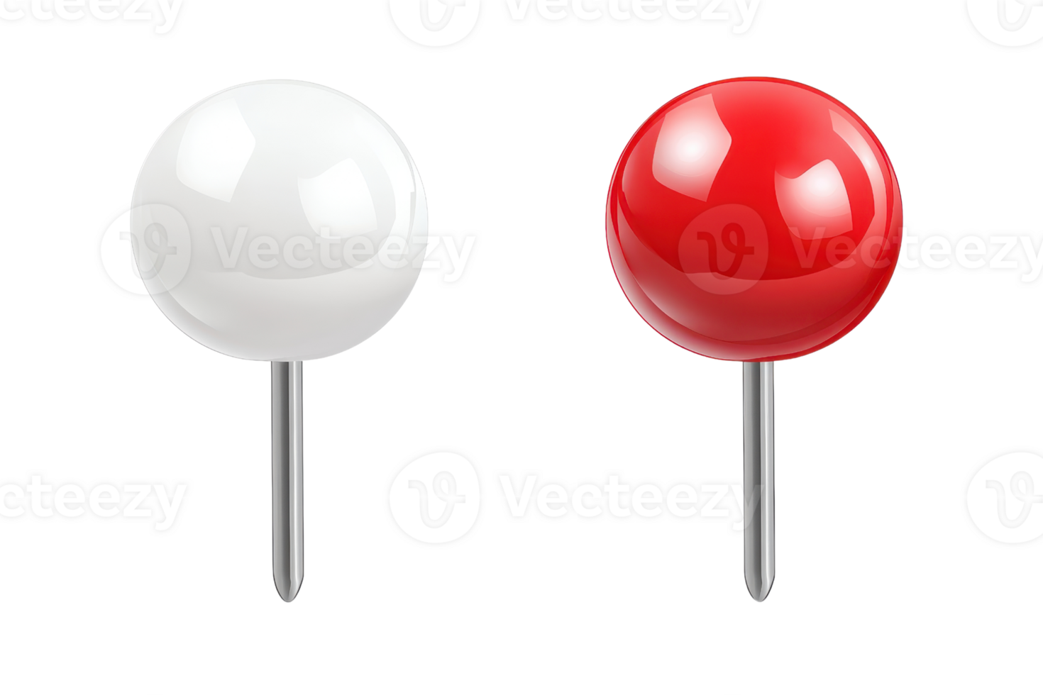 Close-up of two ball-headed push pins, one white and one red, on a transparent background. Perfect for office and school supply themes. png