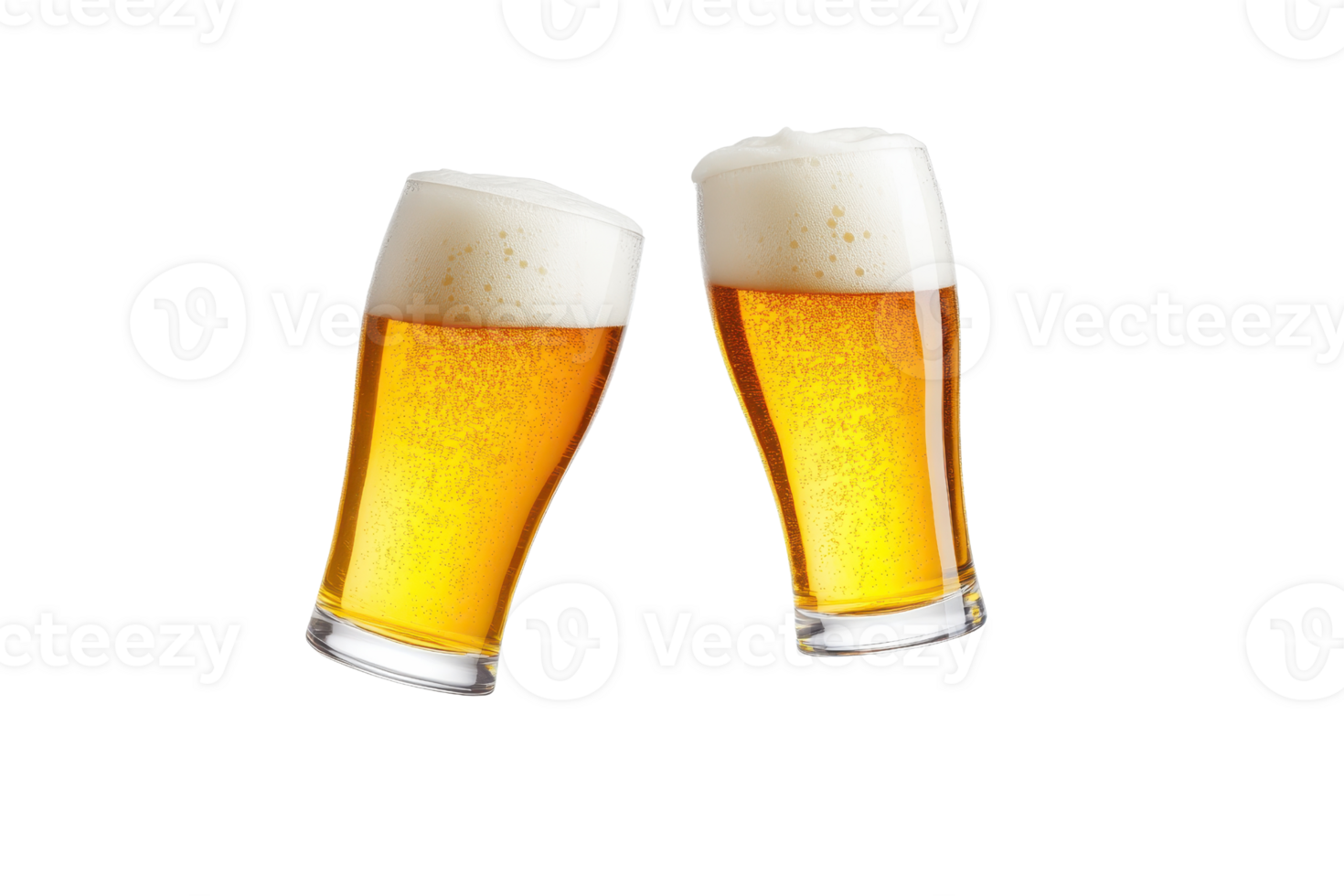 Two glasses of beer clinking together in celebration, isolated on a transparent background. Perfect for parties and social gatherings. png