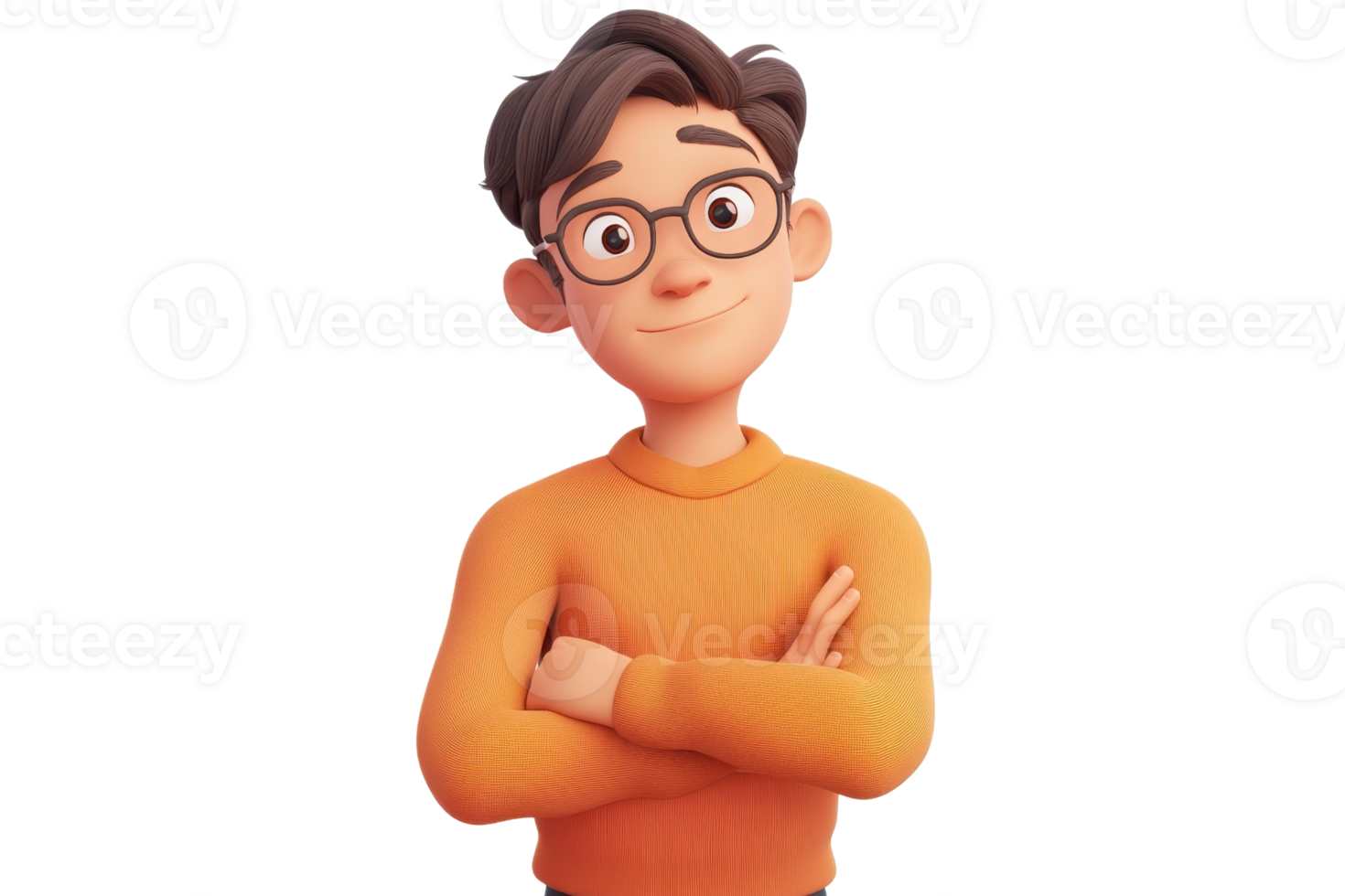 3D illustration of a confident young man wearing glasses, smiling, with arms crossed, in a casual orange sweater. png