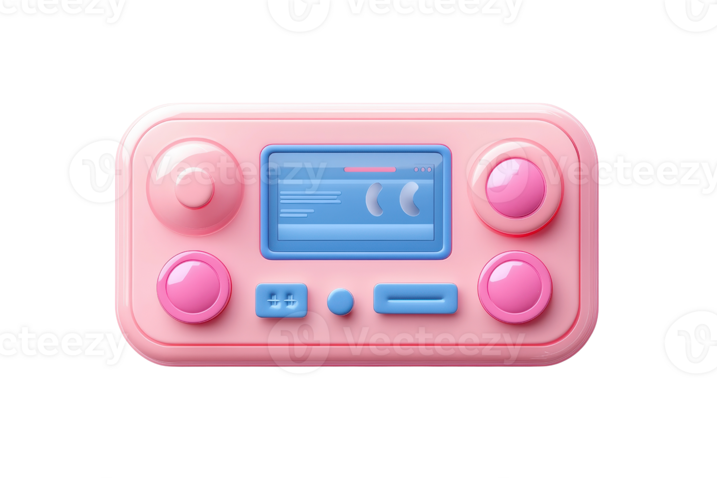 3D illustration of a cute, retro-style pink dashboard control panel with buttons, dials, and a screen displaying information. png