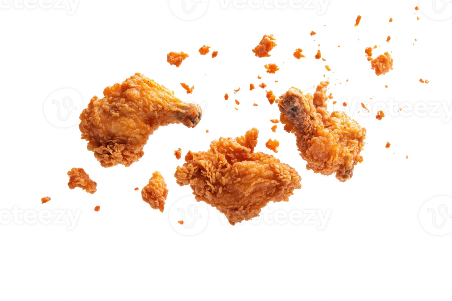Crispy fried chicken pieces with golden crust and crumbs isolated on transparent background. perfect for food and culinary concepts. png