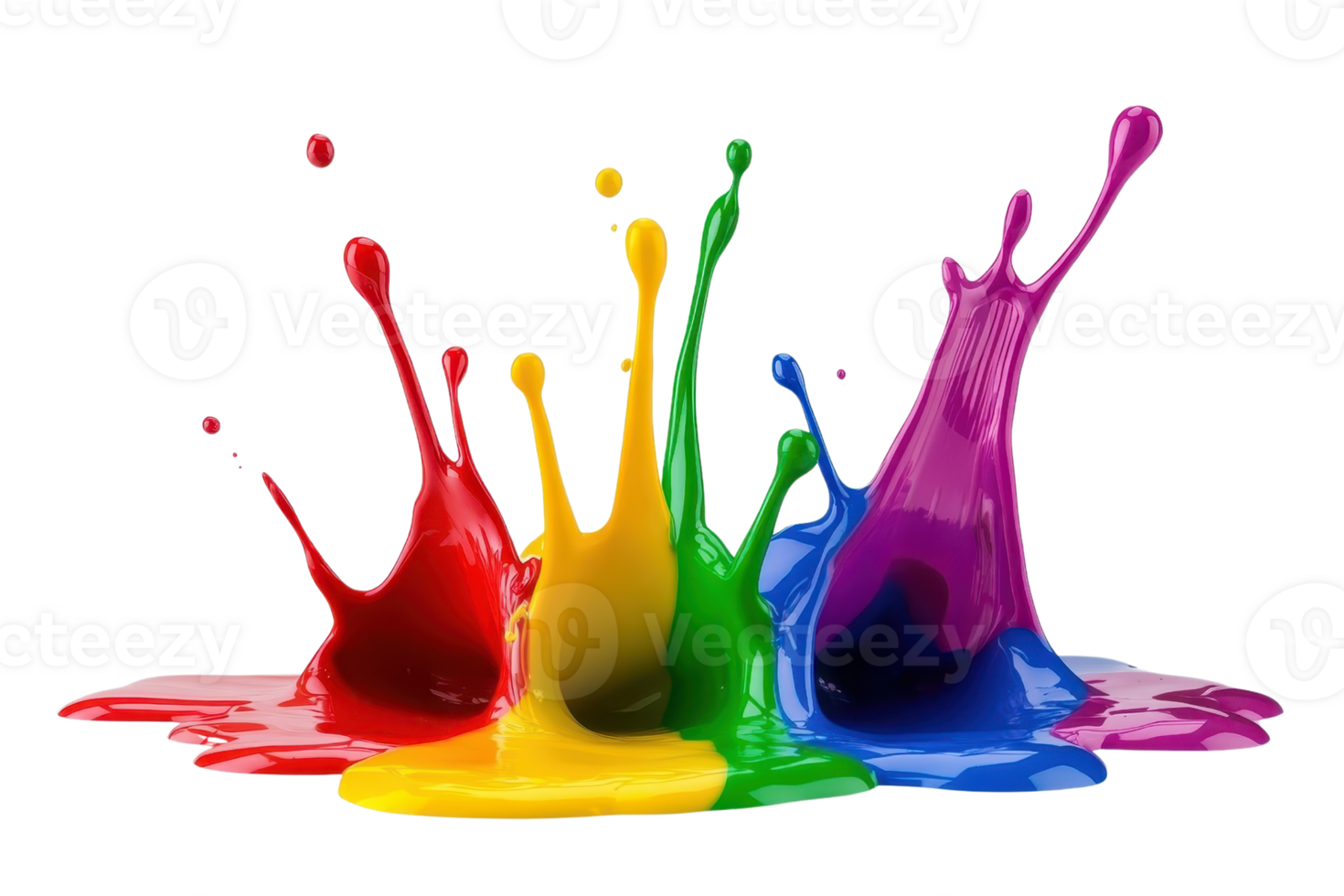 Vibrant splashes of colorful paint in red, yellow, green, and blue creating an artistic explosion on a transparent background. png