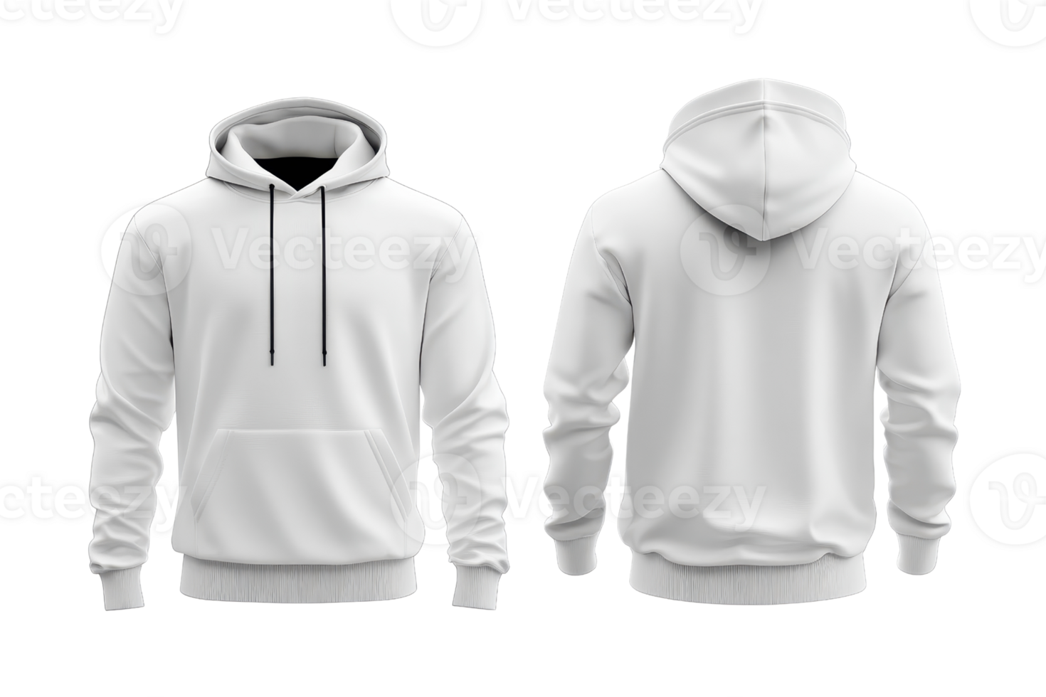 Front and back view of a white hoodie sweatshirt isolated on a transparent background. perfect for mockups and apparel designs. png