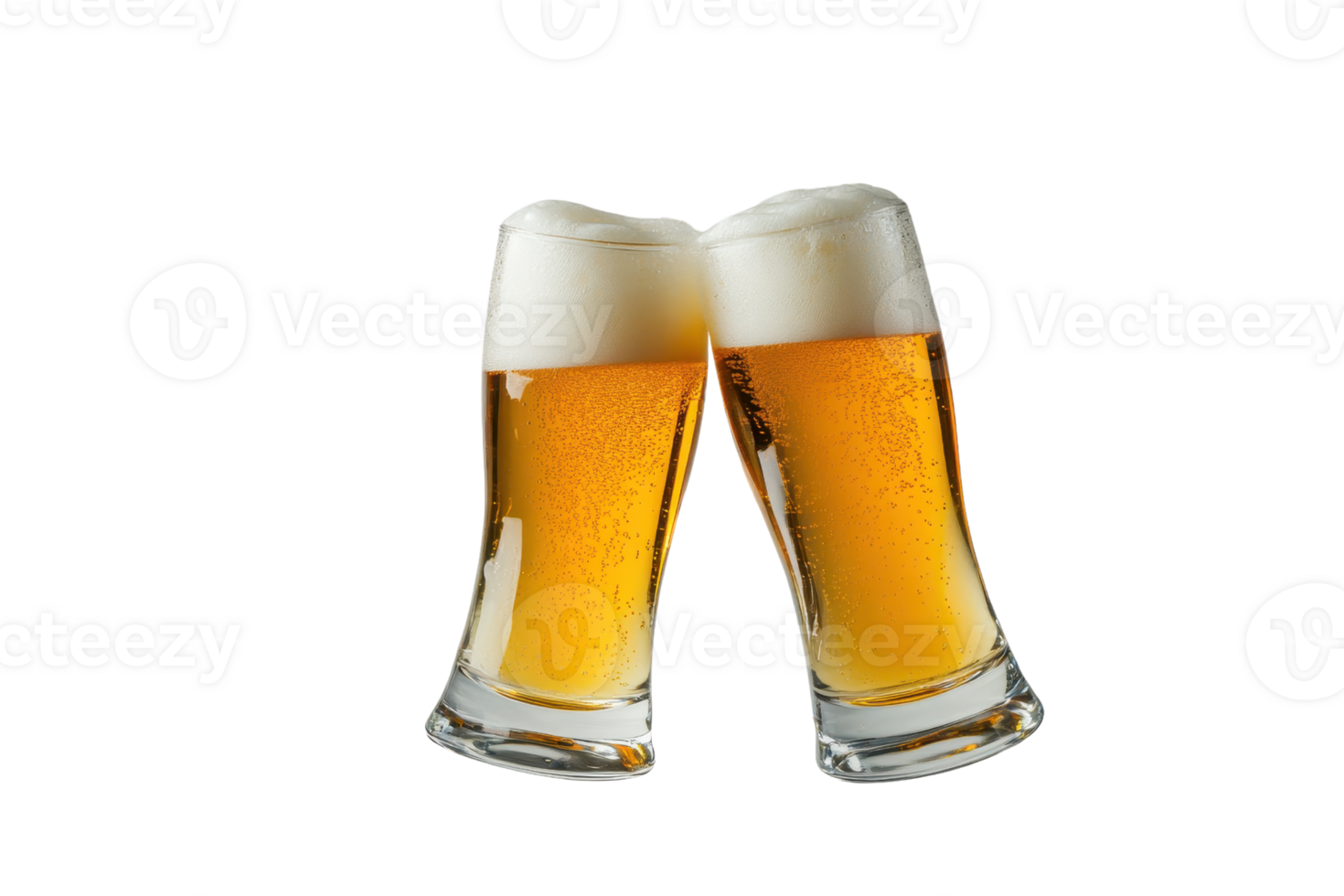 Two frothy glasses of beer clinking together in celebration, symbolizing friendship and good times with a crisp, refreshing drink. png