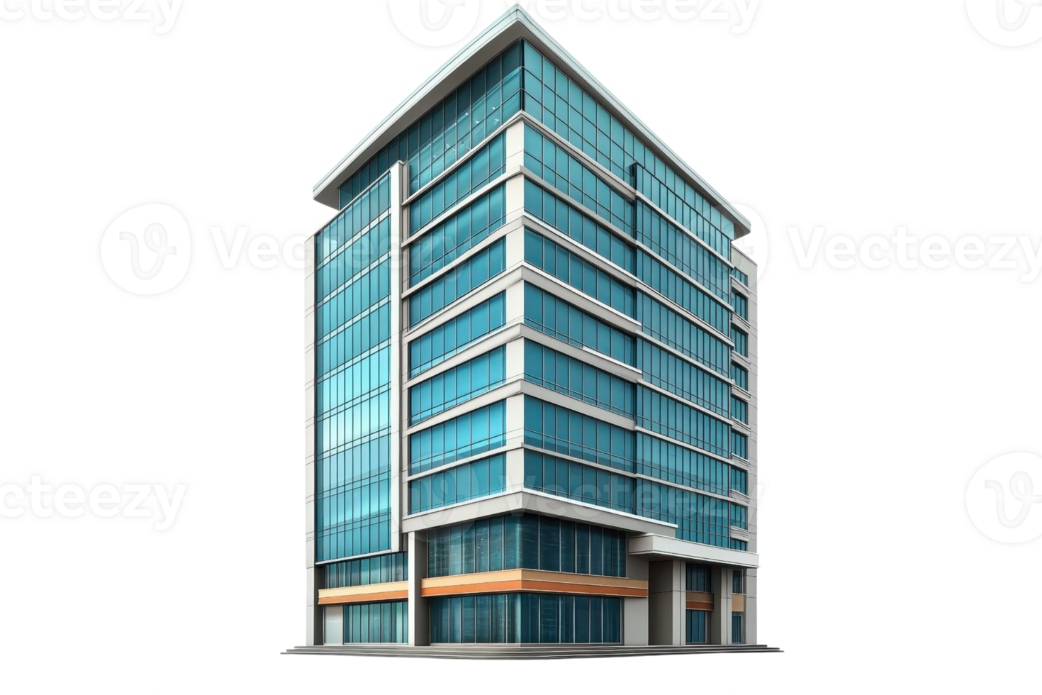 Modern glass office building with multiple stories, blue-tinted windows, and sleek architectural design on a transparent background. png