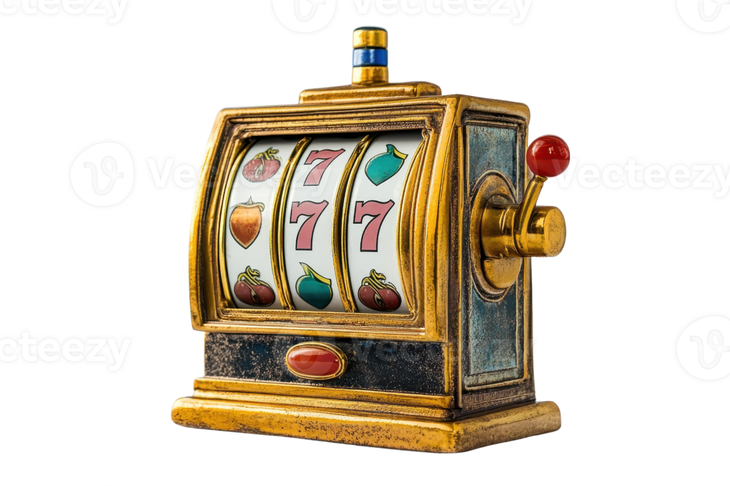 Retro slot machine with a winning combination of sevens and fruits, symbolizing luck and gambling in a classic casino setting. png