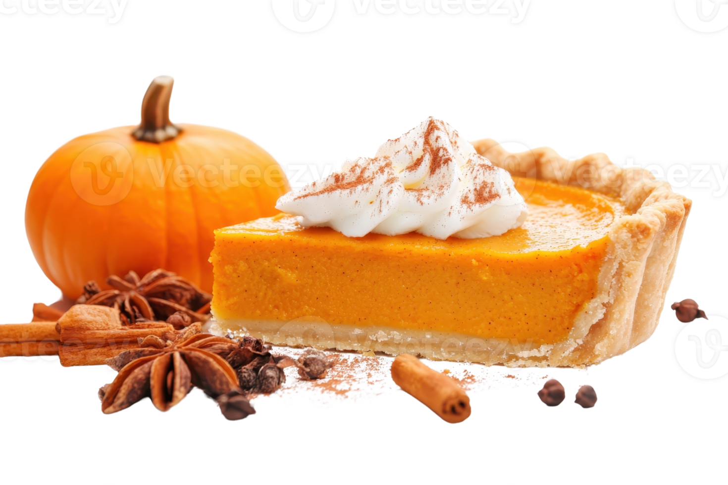Slice of delicious pumpkin pie with whipped cream and spices, perfect for autumn and holiday desserts. png