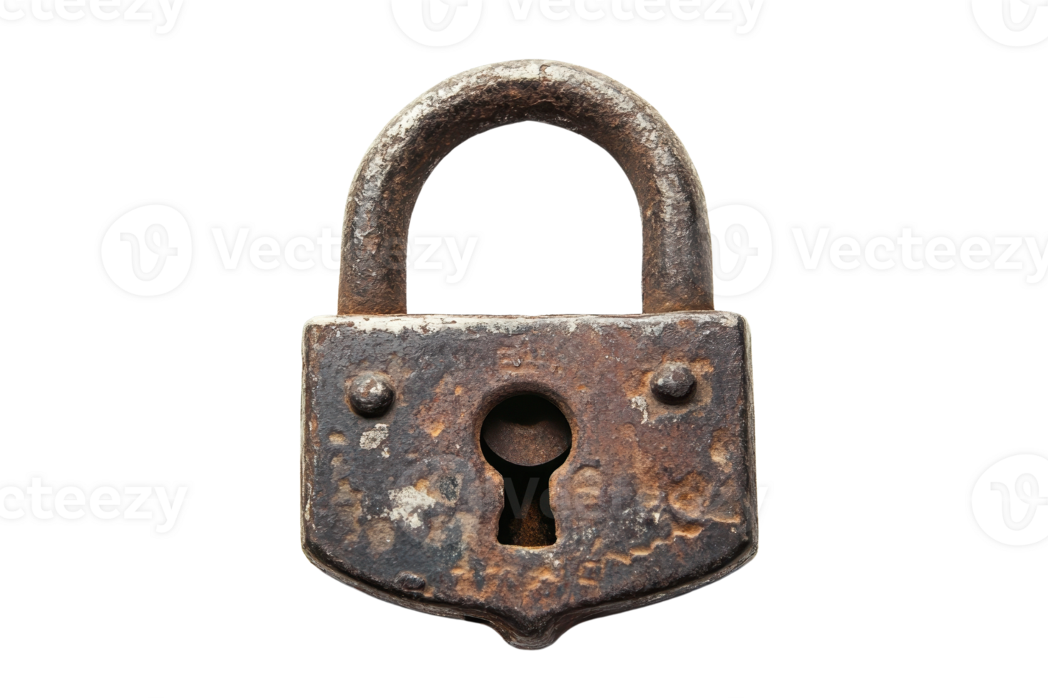 Vintage rusty padlock with keyhole, isolated on transparent background. Ideal for security, antique, or historical themed projects. png