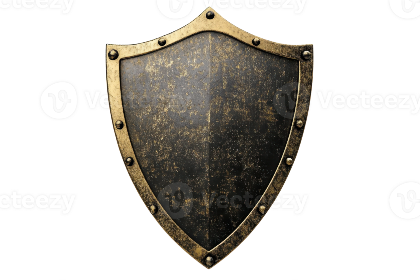 Vintage medieval shield with rusted iron surface and gold rim, isolated on transparent background. Perfect for historical or fantasy themes. png