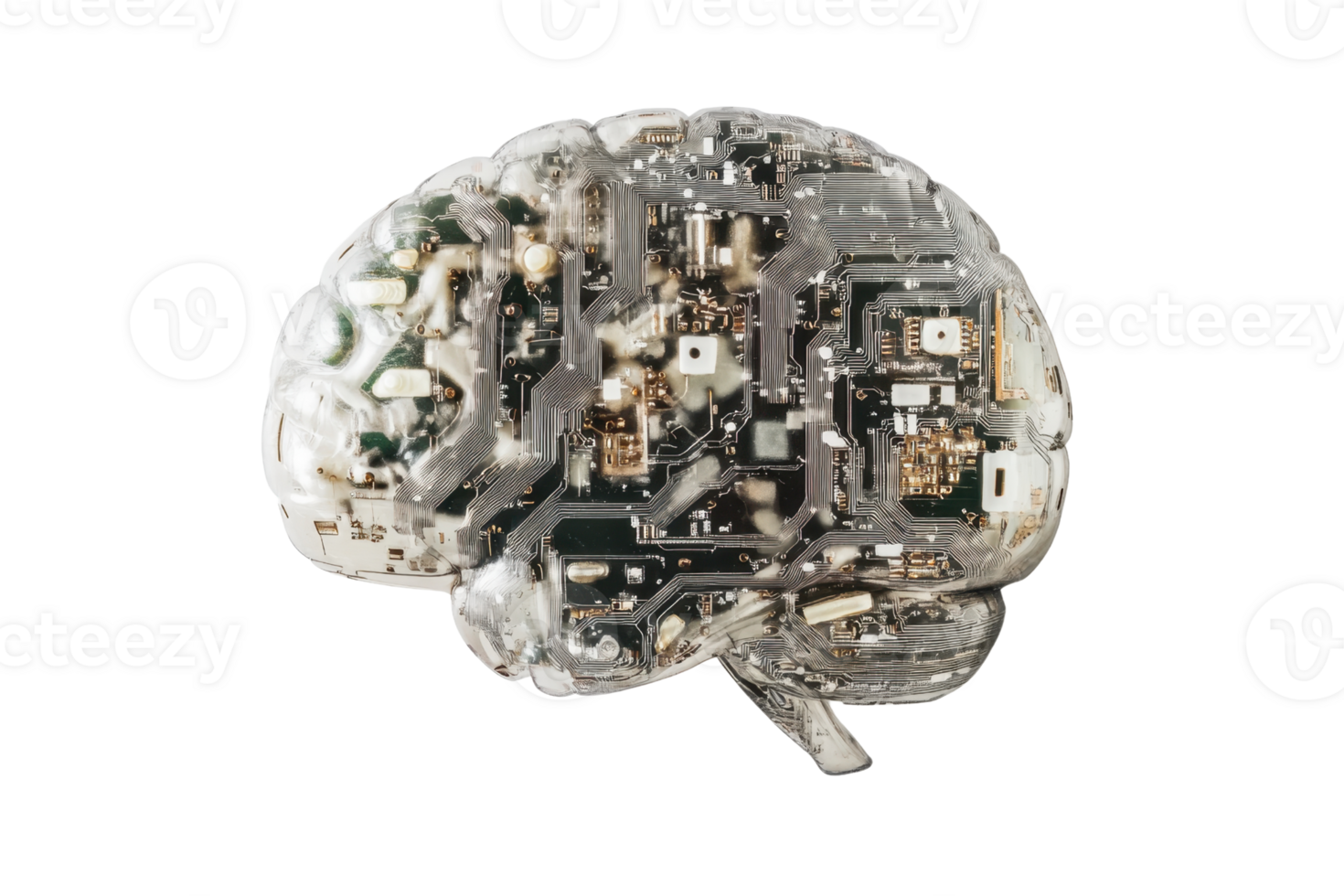Transparent brain model showcasing neural circuits and technological connections, representing AI, neuroscience, and innovation. png