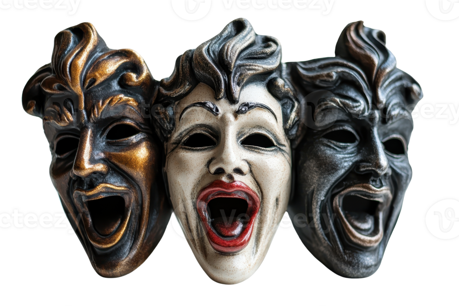 Three expressive theatrical masks showcasing different emotions in a dramatic artistic composition, perfect for theater or artistic projects. png