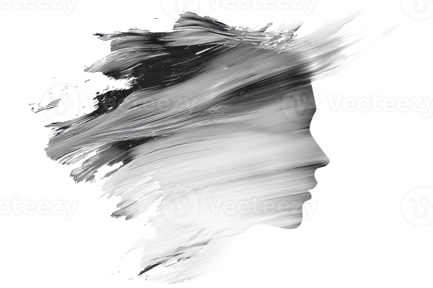 Abstract black and white digital artwork depicting a human face emerging from dynamic, flowing brushstrokes. png