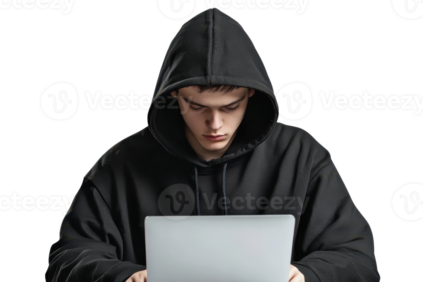 Young person in a black hoodie intensely working on a laptop. Perfect for cybersecurity or hacker themes, and technology concepts. png