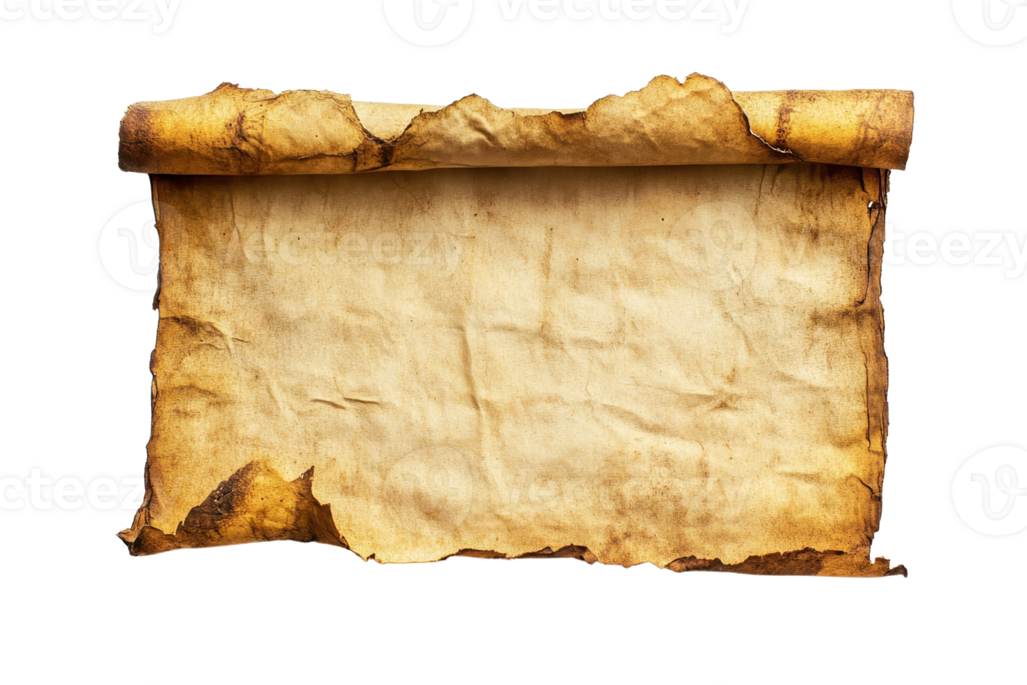 Vintage rolled parchment paper with aged, tattered edges isolated on a transparent background. ideal for historical or antique-themed designs. png