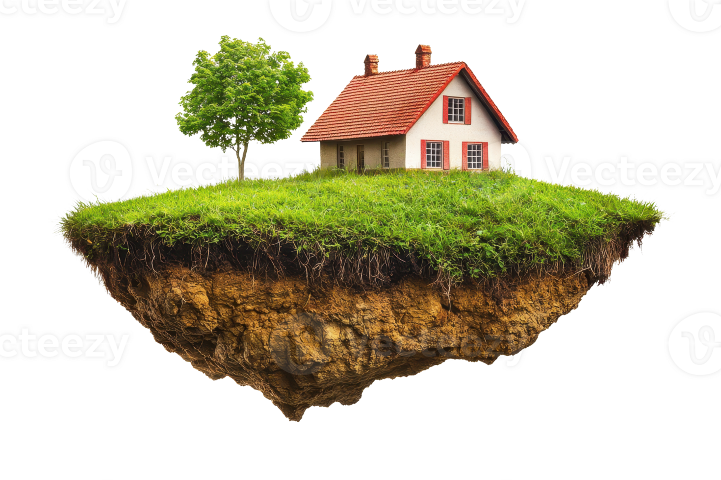 An isolated house with a red roof on a floating piece of land with a green tree, depicting a fantasy and surreal landscape. png