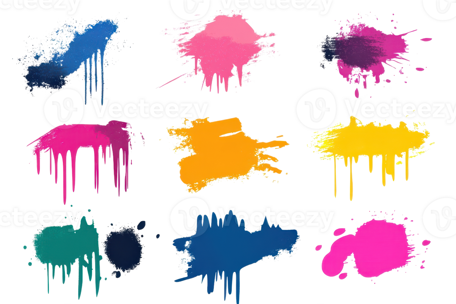 Set of vibrant paint splashes and drips in various colors, perfect for abstract art and creative design projects. png