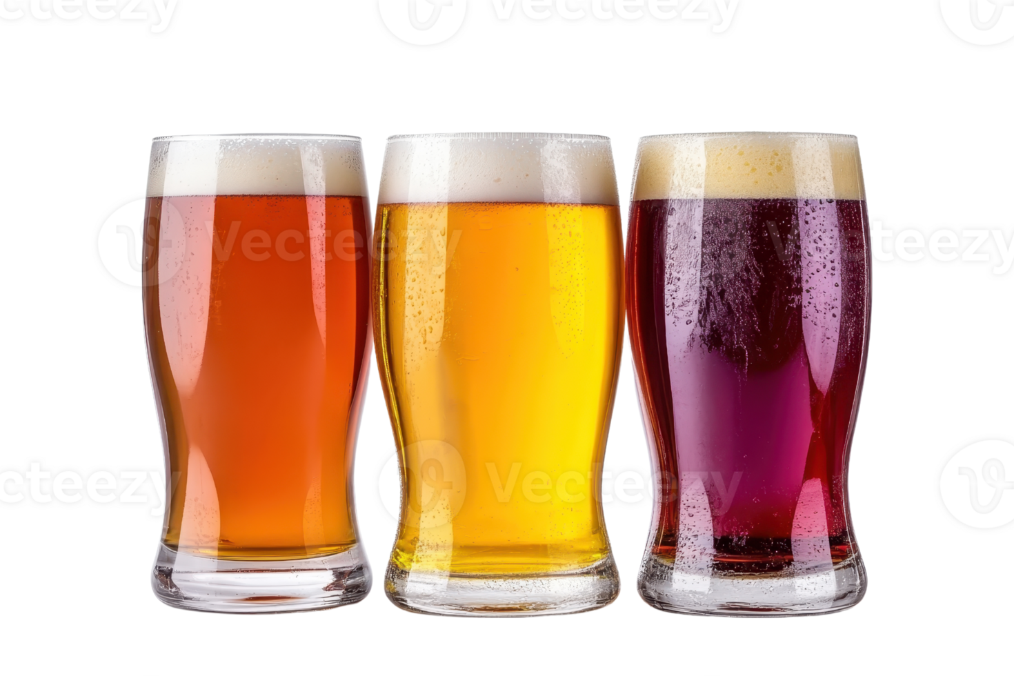Three glasses of craft beer in varying colors, showcasing a range of brewing styles and ingredients on a transparent background. png