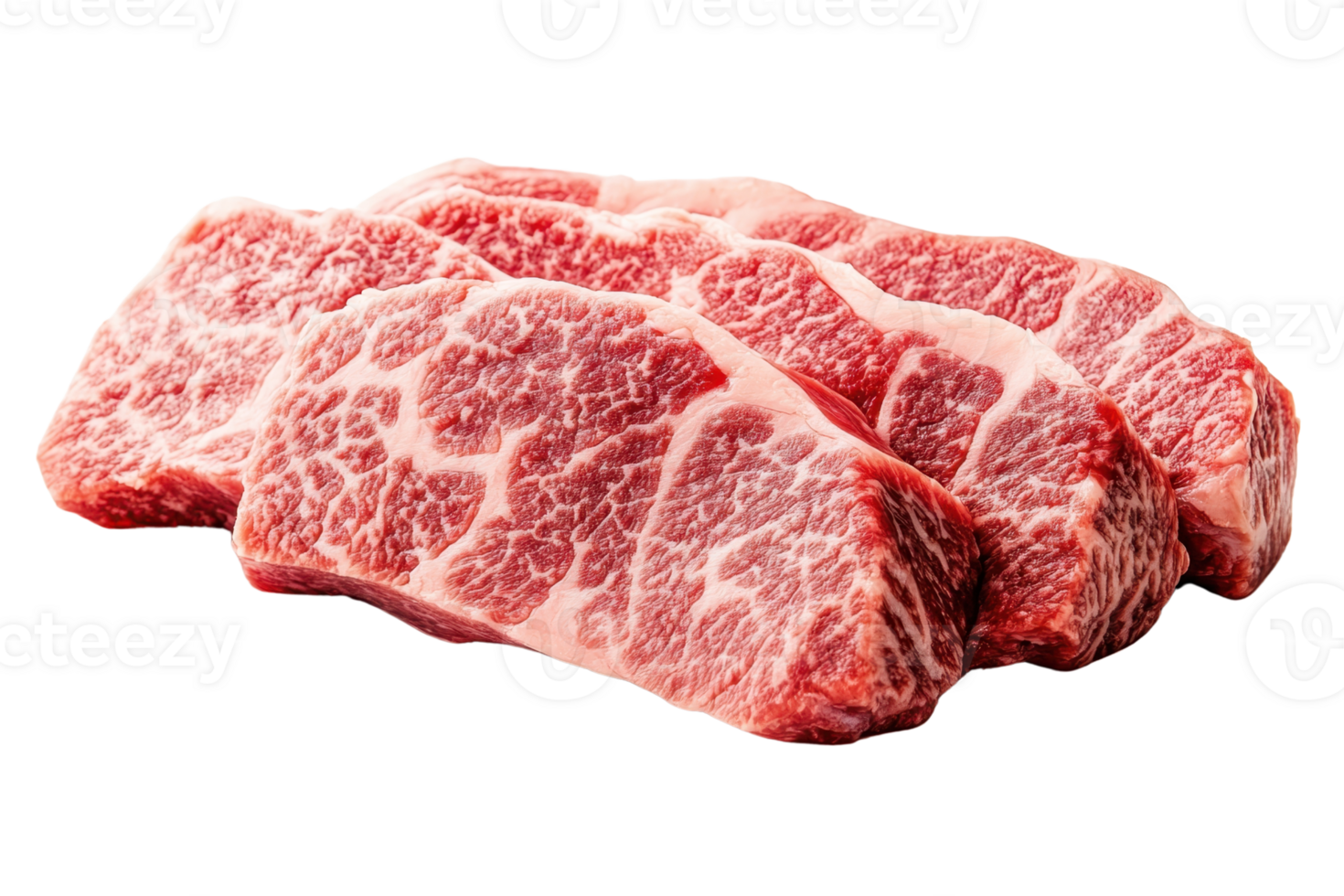 Three marbled beef steaks isolated on a transparent background. Perfect for culinary presentations, food blogs, and commercial use. png