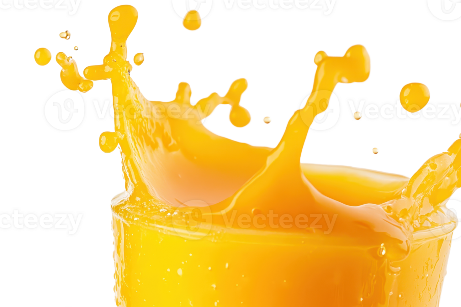Close-up of a vibrant orange juice splash in a clear glass, capturing the freshness and energy of the drink in motion. png