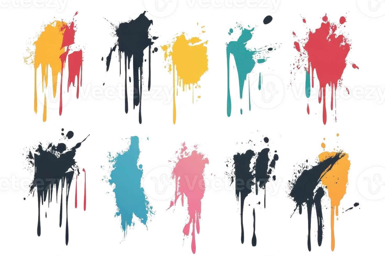 Set of colorful paint splatters with dripping effect in various shapes and sizes, perfect for artistic backgrounds and creative designs. png