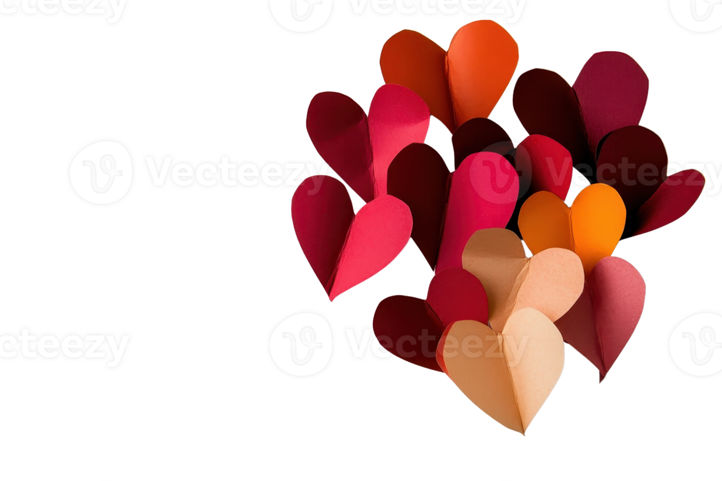 Vibrant paper hearts in red, pink, and orange hues, perfect for romantic or Valentine's Day-themed projects and decorations. png