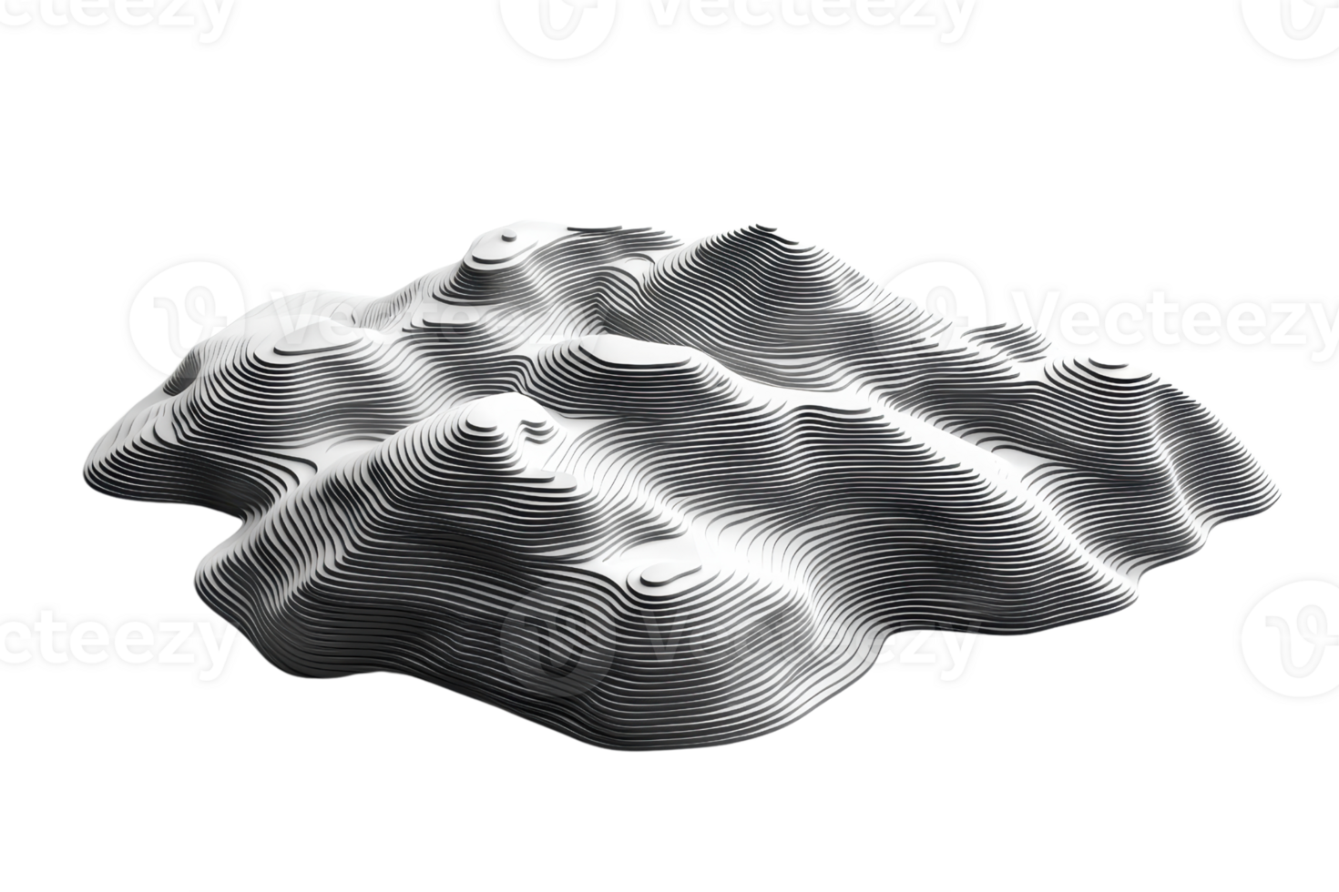 3D rendered topographic visual of mountain range, showcasing layered contours and elevation details in monochrome. png