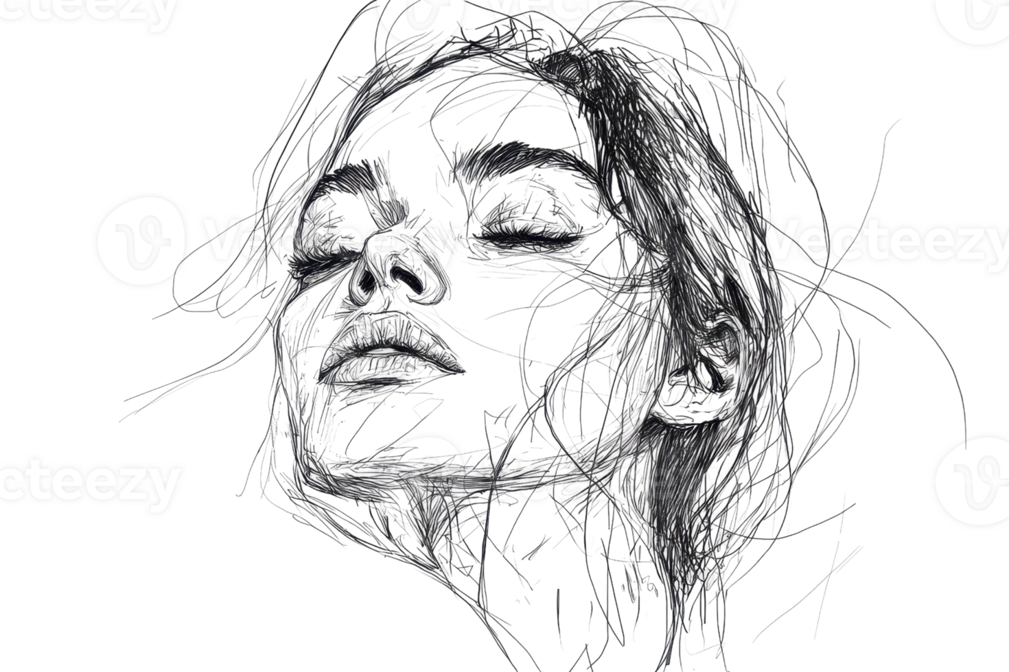 Abstract sketch of a contemplative face, rendered in black lines, staring upward with a thoughtful expression against a transparent background. png