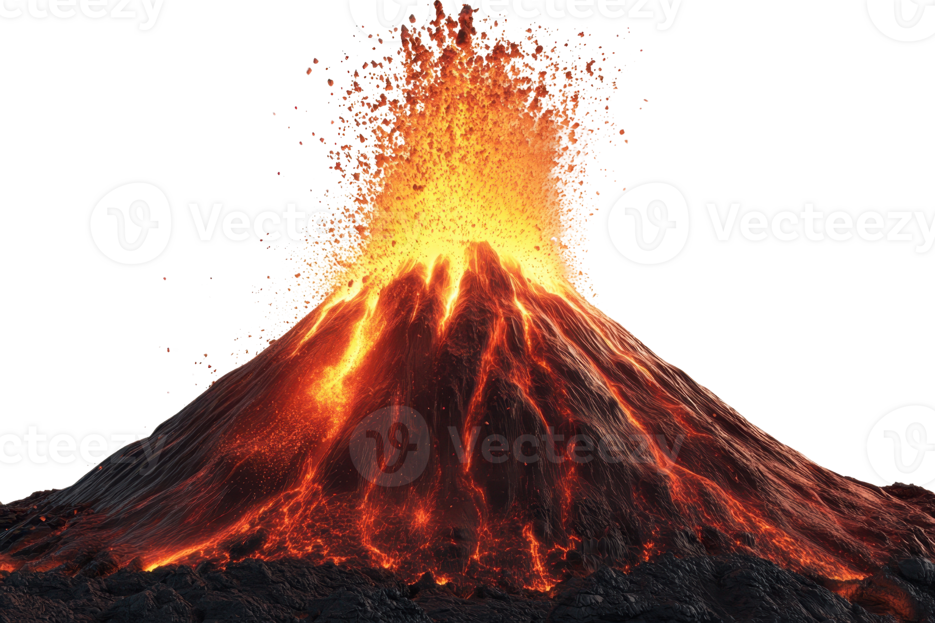 A powerful eruption of a volcano with flowing lava and spewing ash