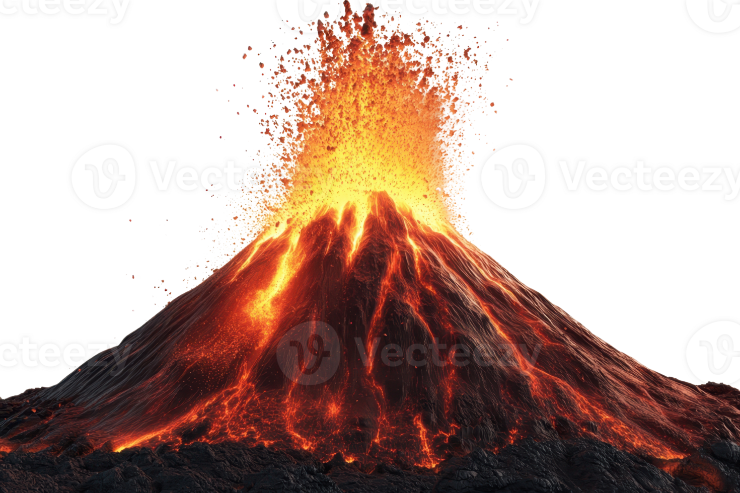 A powerful eruption of a volcano with flowing lava and spewing ash, showcasing the raw force of nature and geological activity. png