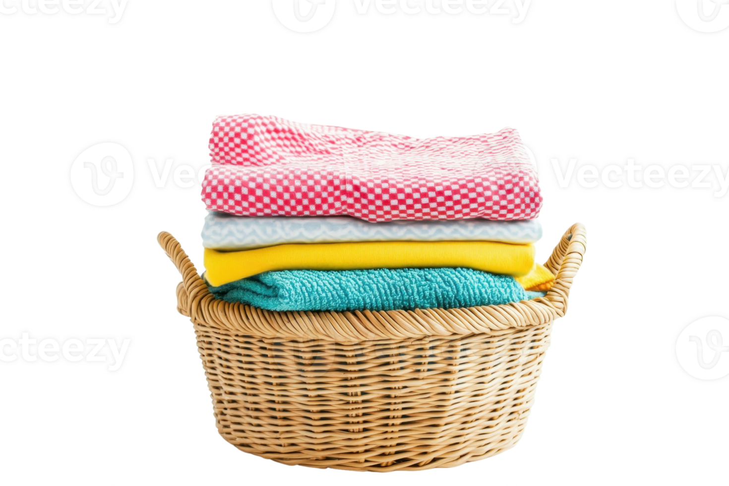 A wicker laundry basket filled with neatly folded colorful clothes isolated on a transparent background. png