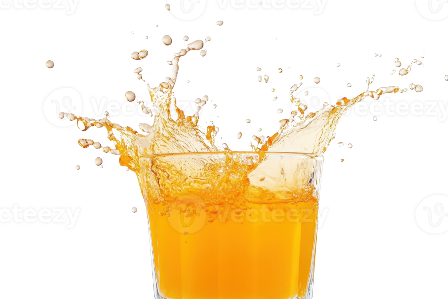 A vibrant glass of orange juice with dynamic splashes captured in motion, highlighting the refreshing and energetic feel of the beverage. png