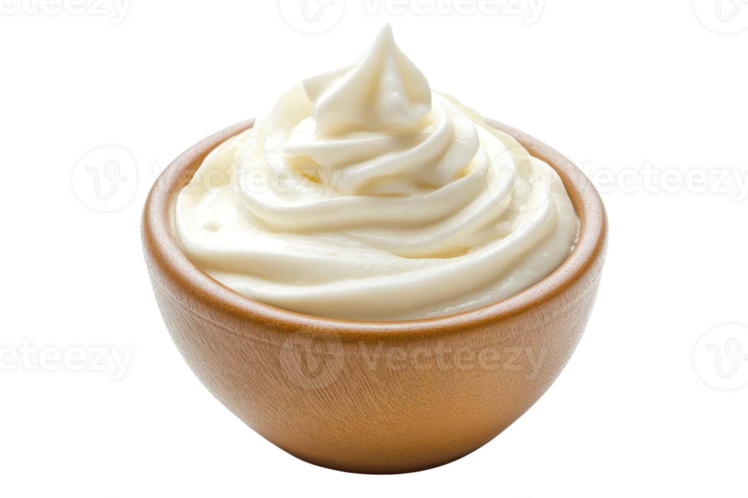 A bowl of creamy mayonnaise in a wooden bowl on a transparent background. perfect for culinary and kitchen-related designs and advertisements. png