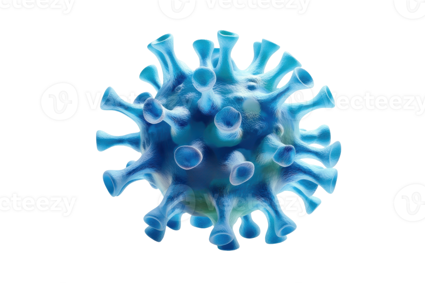 A detailed, microscopic view of a blue virus molecule with spikes, isolated on a transparent background. Perfect for medical and scientific purposes. png