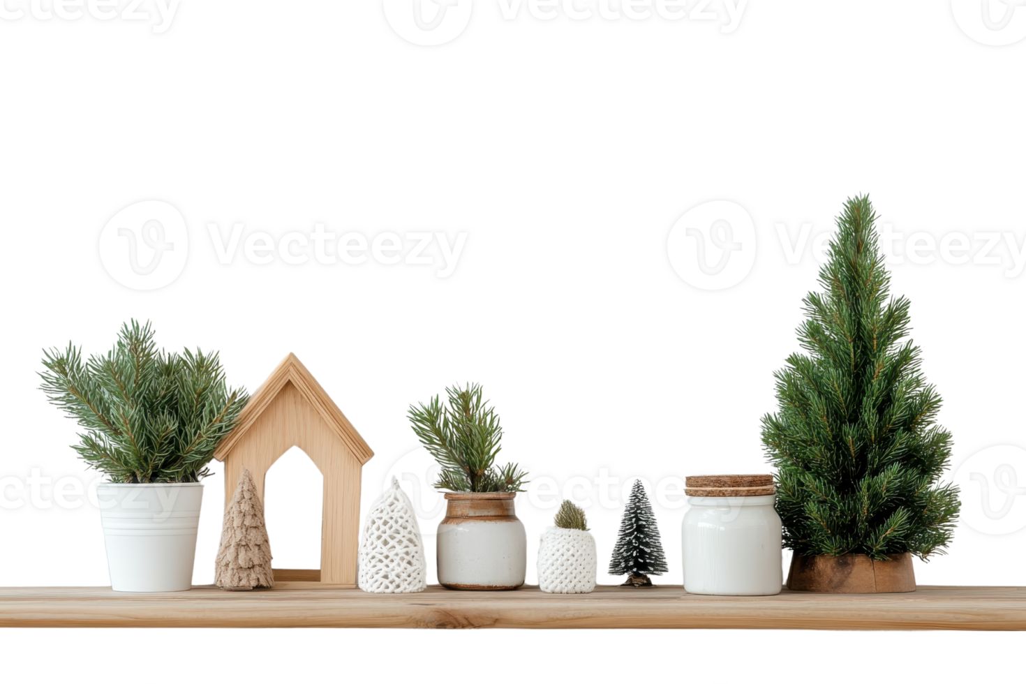 A cozy Christmas shelf display with miniature trees, a wooden house ornament, and festive decorations in jars and pots. png