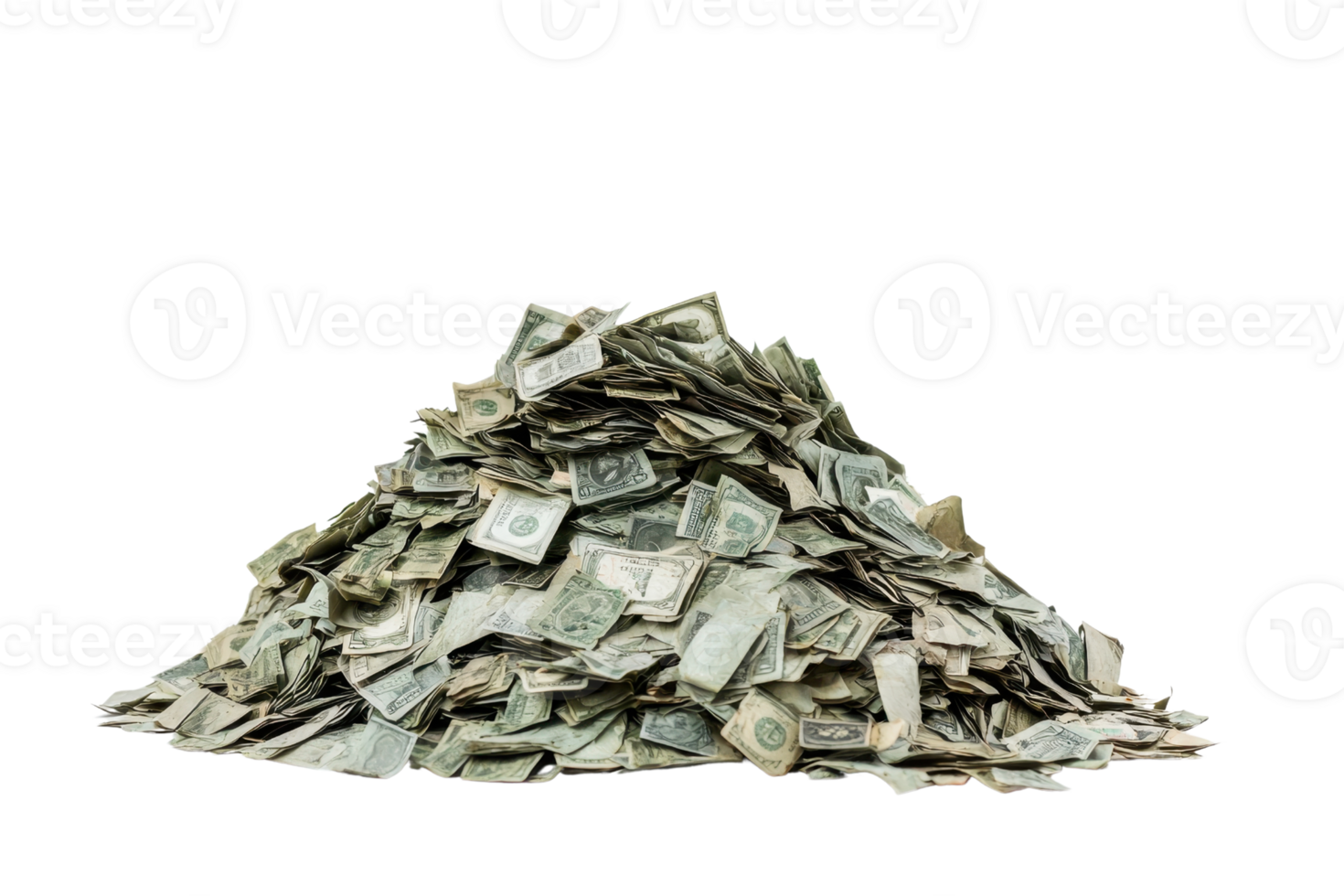 A large pile of scattered US dollar banknotes representing wealth, investment, and financial abundance, isolated on a transparent background. png