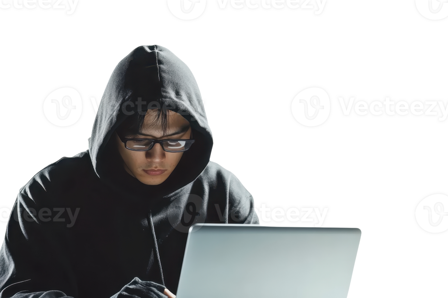 A person in a hoodie and glasses working on a laptop, symbolizing cybersecurity, technology, and hacking in a modern digital age. png