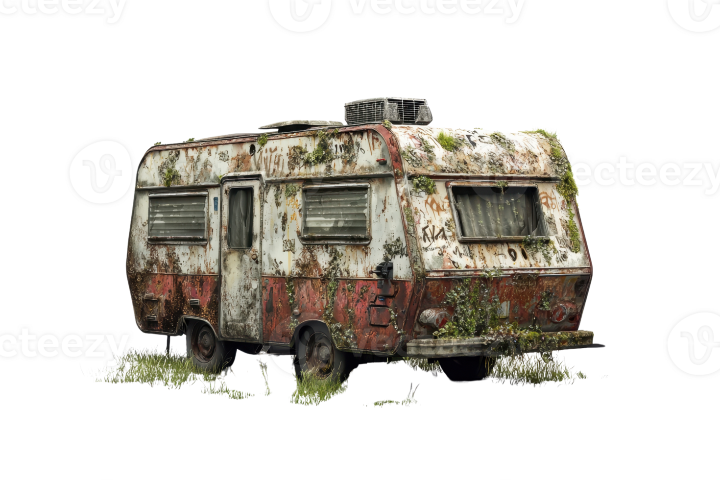 Abandoned rusty old trailer with overgrown vegetation, illustrating decay, neglect, and forgotten memories in an outdoor setting. png