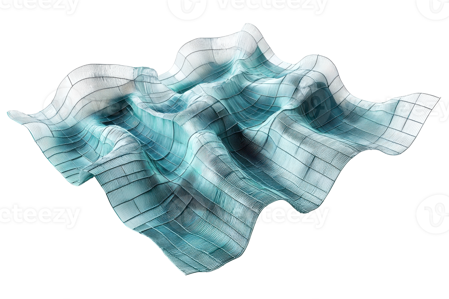Abstract 3D rendering of a wavy, grid-like surface in blue and white tones, showcasing fluid motion and modern digital art aesthetics. png