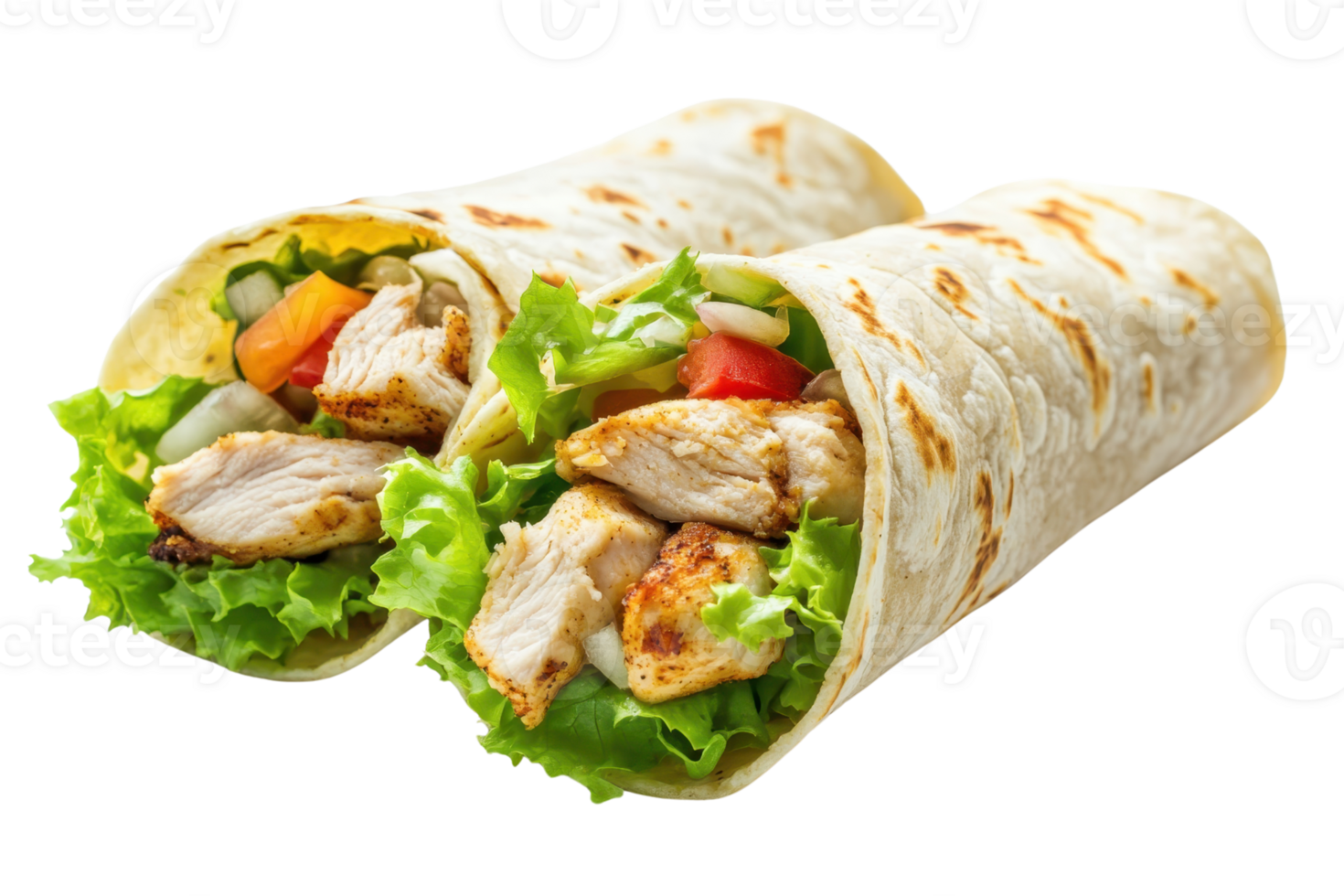 Delicious chicken wraps filled with fresh vegetables and grilled chicken, perfect for a healthy meal or quick lunch option. png