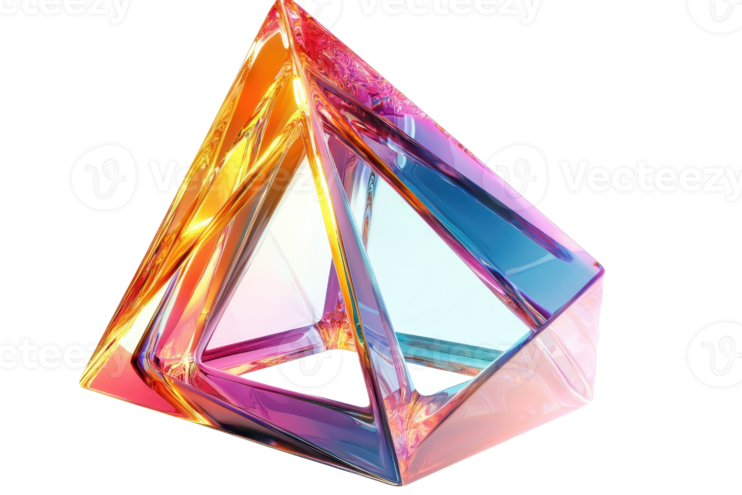 Colorful glass pyramid with reflections and refractions, showcasing geometric abstract design elements and vibrant light effects. png
