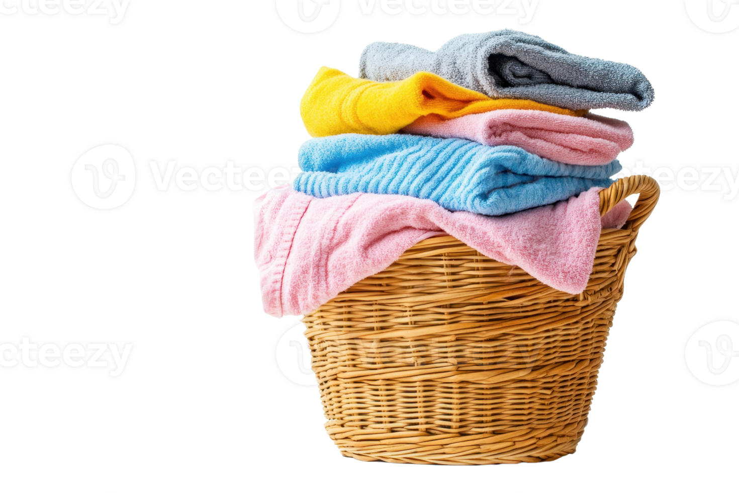 Colorful folded towels in a woven basket on transparent background. Laundry, home cleaning, and organization concept. Isolated image. png