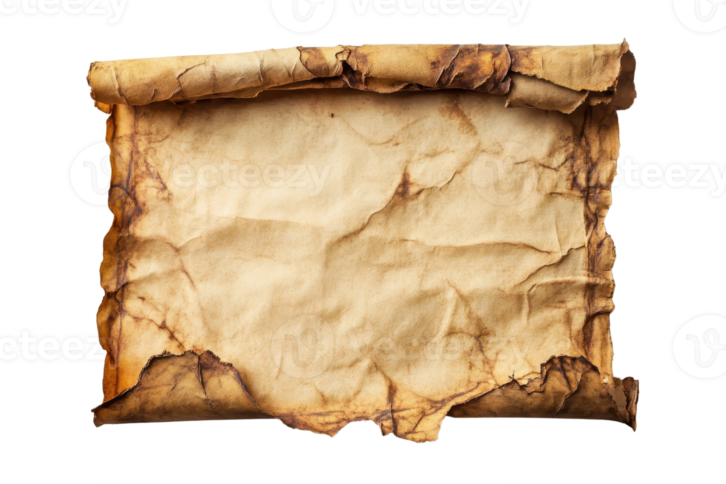 Close-up of an aged, weathered scroll with burnt edges, perfect for historical or vintage-themed designs. png