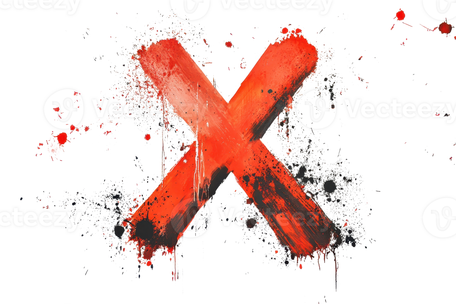Bold red paintbrush X symbol with a grunge artistic style and splatters, conveying rejection, error, or cancellation in abstract art. png