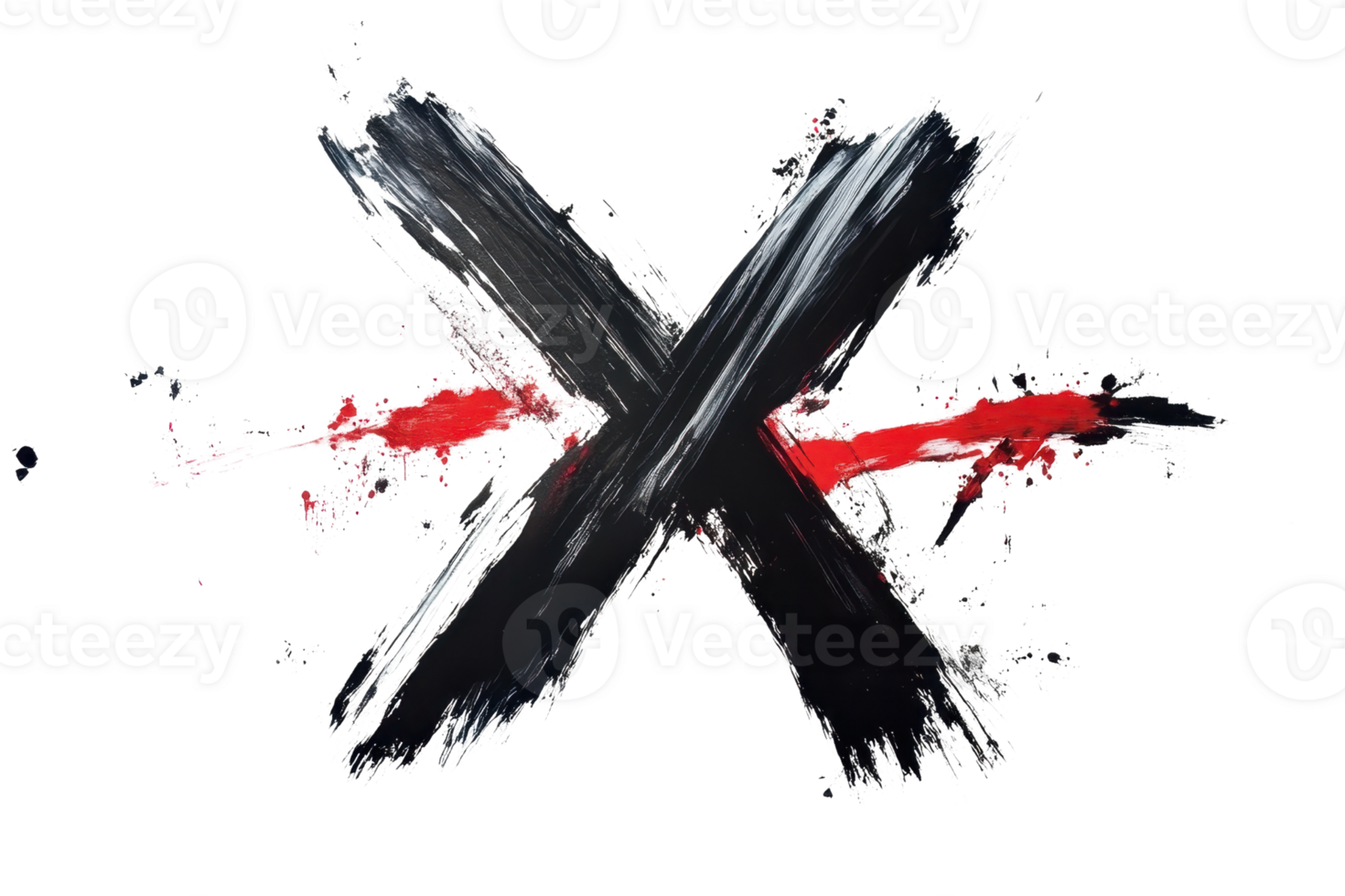 Abstract black and red brushstroke forming an X symbol on a transparent background. representing creativity or rejection. png