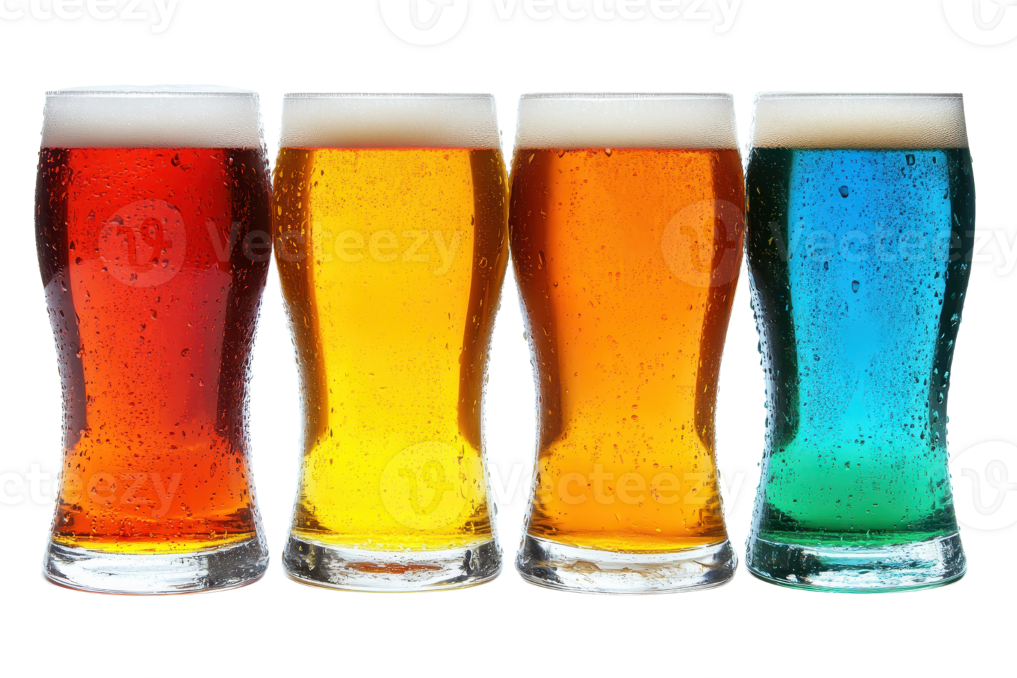 Colorful selection of four glasses of beer showcasing various beer types, perfect for promoting craft beer collection and brewery advertisements. png