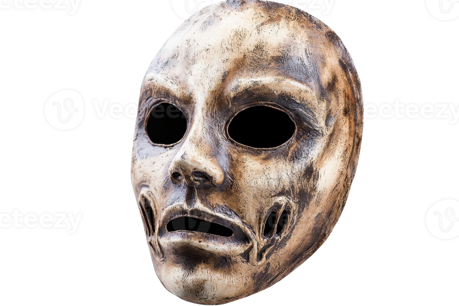 Distressed theatrical mask with an aged appearance, perfect for horror or Halloween themed designs. High resolution and transparent background. png
