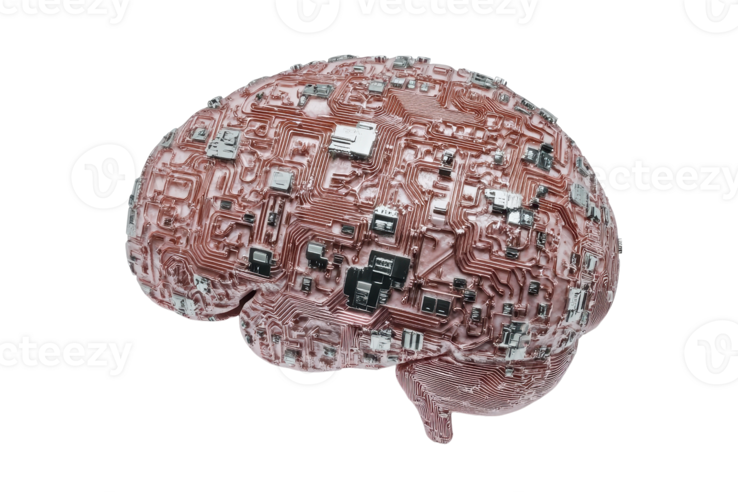 Digital brain with integrated circuits, representing AI, machine learning, and the fusion of technology with human intelligence. png