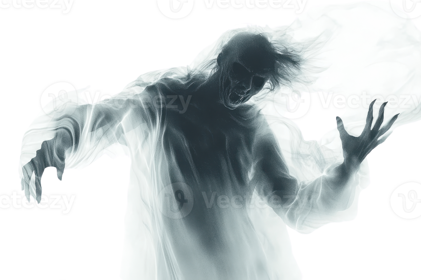 Eerie ghost figure with ethereal, mist-like appearance, appearing to float. Perfect for Halloween themes, horror concepts, and spooky decorations. png